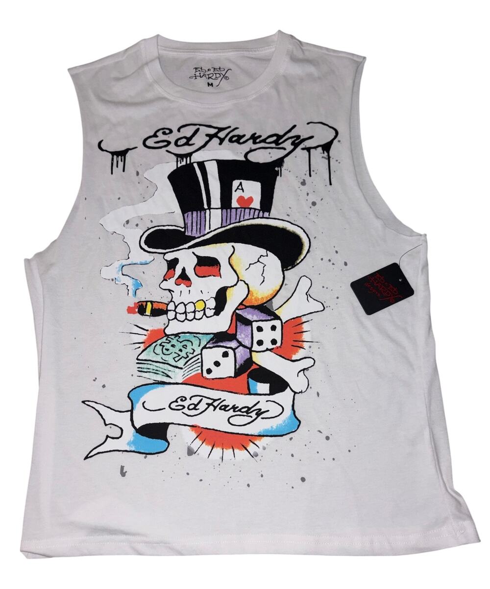 Ed Hardy Men's M Skull Top Hat White Muscle Tank Punks Not Dead